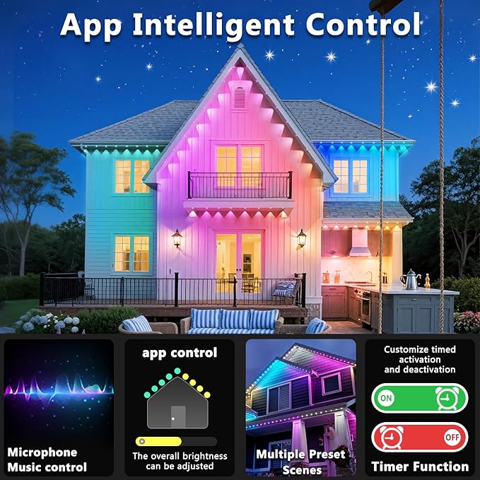 200FT Permanent Outdoor RGB Lights, IP67 Waterproof Smart Eave Lighting, with App/Remote Control Eaves Light, DIY LED Scenes Modes for House Roof Decor,Christmas,Party