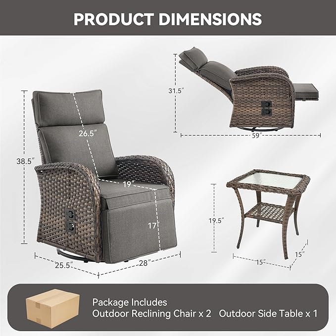 3 Pieces Zero Gravity Patio Swivel Rocking Recliner Chairs Set of 2 - Wicker Outdoor Lounge Chair with Side Table, Adjustable Backrest & Footrest, High Back Outdoor Recliner Chair for Pool Deck Gray
