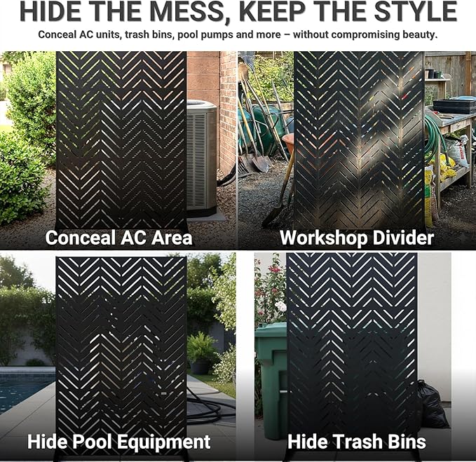 Metal Privacy Screen Outdoor – 6FT Freestanding Decorative Steel Panel with Stand, Laser-Cut Chevron Pattern Modern Privacy Divider, Rustproof & Weather-Resistant Screen for Patio, Garden & Backyard