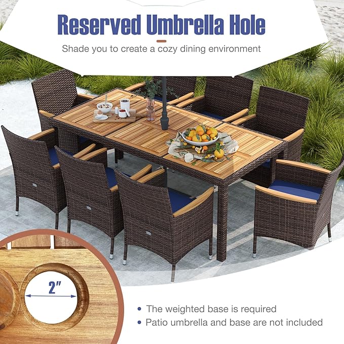 Tangkula 9 Pieces Rattan Outdoor Dining Set for 8, Outdoor Acacia Wood Table Set with 8 Cushioned Wicker Chairs, Umbrella Hole, Patio Dining Furniture Set for Deck Pool Backyard