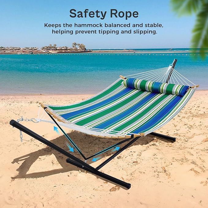 SUPERJARE Curved-Bar Hammock with Stand, 2 Person Heavy Duty Hammock Frame, Detachable Pillow & Portable Carrying Bag, Perfect for Outdoor & Indoor, Green Bold Stripe