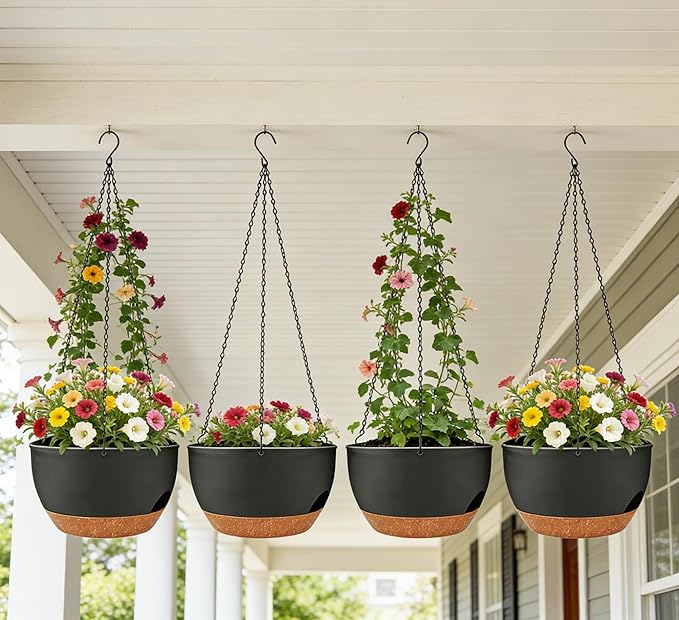 Set of 2-8 Inch Self Watering Hanging Planters for Indoor Outdoor，Hanging Plant Pots with Drainage & Removable Tray, Hanging Pots Holder for Ivy, Pothos, Ferns, Balcony & Patio, Black Brown