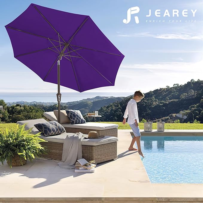 JEAREY 9FT Outdoor Patio Umbrella Outdoor Table Umbrella with Push Button Tilt and Crank, Market Umbrella 8 Sturdy Ribs UV Protection Waterproof for Garden, Deck, Backyard, Pool (Dark Purple)