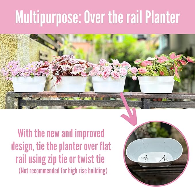 LaLaGreen Planter Boxes Outdoor (15 Pack, 11.8 Inch) White Metal Iron Hanging Flower Pots Deck Railings Rails Fence Buckets Countryside Boho Style Wall Mount Window Box Plant Holder Hooks Porch Decor