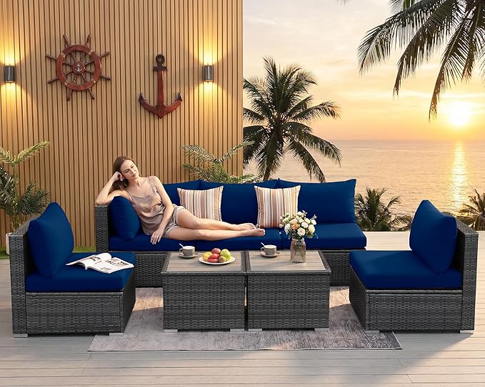NICESOUL 7 Piece High-End Outdoor Furniture Sofa Set, 29.3'' High Back XL Large Grey Wicker Patio Modular Sectional with Side Tables, All-Weather Couches for Backyard Deck, 2 Color Cushion Navy & Grey