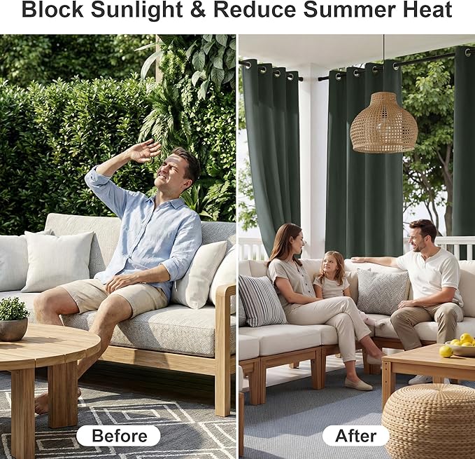 RYB HOME Extra Wide Outdoor Curtains for Patio Waterproof Heavy Duty Thermal Insulated in Summer Full Coverage Privacy for Gazebo, Cabana & Pergola, W100 x L90, Dark Green, 1 Panel