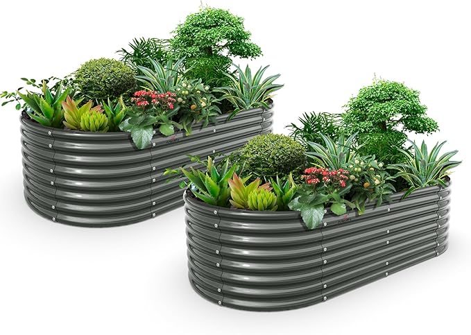 A ANLEOLIFE 2-Set 8X4X2 ft Galvanized Raised Garden Bed Kit, Oval Metal Deep Root Planters for Outdoor Plants, Quartz Grey