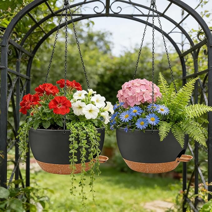 2 Pack 12 Inch Self Watering Hanging Planters for Indoor Plants, Large Black Brown Plastic Hanging Pots with Chains for Outdoor Patio Garden Home Decor Black Brown