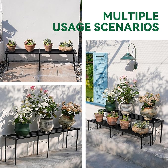 Metal Plant Stand, Rust-proof Aluminum Flower Pot Stand, Heavy Duty Planter Display Shelving for Patio Balcony Garden Living Room Decorative (Black, 47.2 Inch)