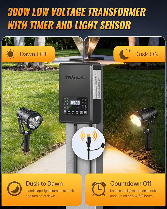 12 Pack Landscape Lights with 2 Zone 300W Low Voltage Transformer, 3000K 12V LED Landscape Lighting Kit, Waterproof Aluminum Landscape Spotlights with Connectors for Yard Tree Garden W01LK06