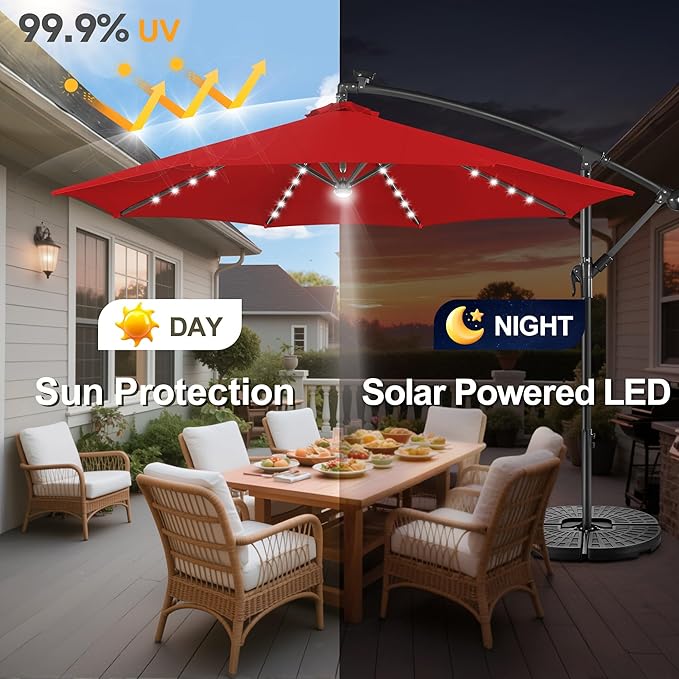 Solar Offset Patio Umbrella - 10 ft Solar Cantilever Umbrella Outdoor with 40 LED Lights and Cross Base, UV Protection for Garden, Deck, Backyard, Pool, Porch (Red)