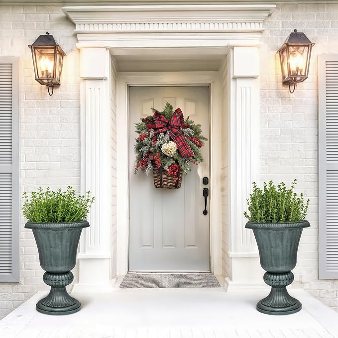 Magshion 20" Urn Planters for Outdoor Plants, Large Decorative Front Porch Planters Set of 2, Weatherproof Tall Plastic Flower Pots for Garden, Patio & Entryway Décor, Antique Green