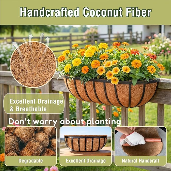 4 Pcs 30 Inch Trough Coco Liner for Window Box, 100% Natural Half Moon Coconut Coir Planter, Replaceable Coconut Fiber Liner for Window Boxes & Fence Flower Baskets (4, 30 inch)