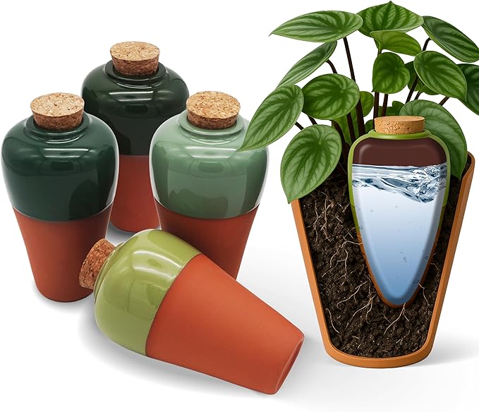 Terracotta Self Watering Planter Insert - Set of 4 Clay Ollas with Slim Bottom for Easy Soil Insertion, Glazed Top, Slow-Release Plant Watering System for Indoor & Outdoor Plants