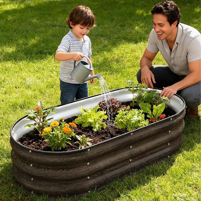 4x2x1FT Galvanized Raised Garden Beds,Raised Garden Bed with Safety Edging and Gloves,Oval Metal Planter Box for Gardening Vegetables Flowers Herb-Classic Walnut
