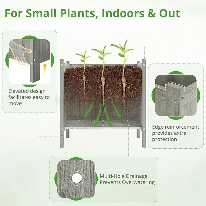 LUE BONA Outdoor Plant Pots, 13.7" x 12.5" x 14.5" HDPS Flower Pots with Drainage Holes, Outdoor Planters Boxes for Outdoor Plants - Porch Patio, Garden or Entryway, Light Gray-Oil Printed