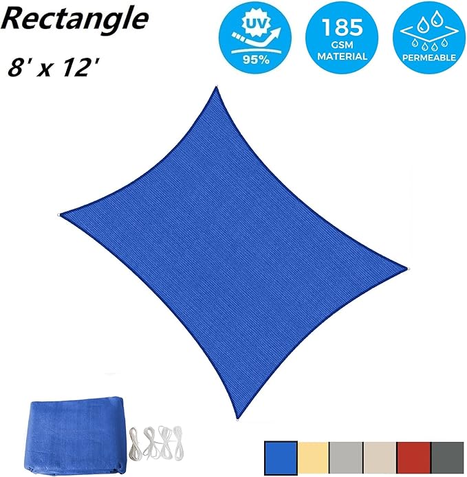 AsterOutdoor Sun Shade Sail Rectangle 8' x 12' UV Block Canopy for Patio Backyard Lawn Garden Outdoor Activities, Blue