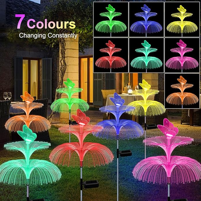 6 Pack Solar Garden Lights, Gardening Birthday Gifts for Mom Grandma Women, Waterproof 7 Color Changing Jellyfish Light with Butterfly Solar Flower Lights for Outdoor Pool Yard Garden Decor