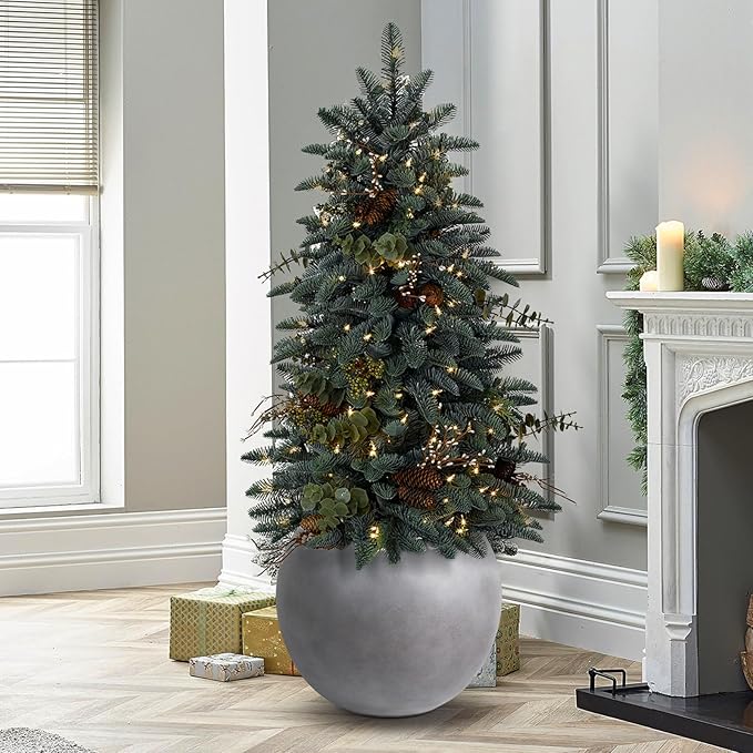 13.5 H x 17" Dia (12" Pot Opening) Round Fiberstone Planter with Drainage Hole, Gray, Indoor/Outdoor Large Plant Pot for Home Patio Garden, Ideal for Large Plants
