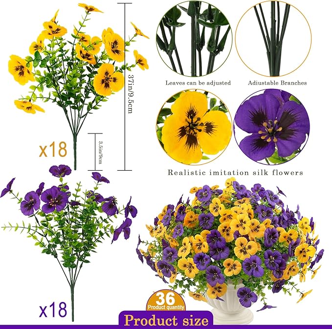 36 Pcs Artificial Fake Pansy Flowers for Outdoor, Faux UV Resistant Silk Pansies Flowers for Outside Planter Front Door Porch Yard Patio Window Box Home Decor (36, Yellow,Purple)