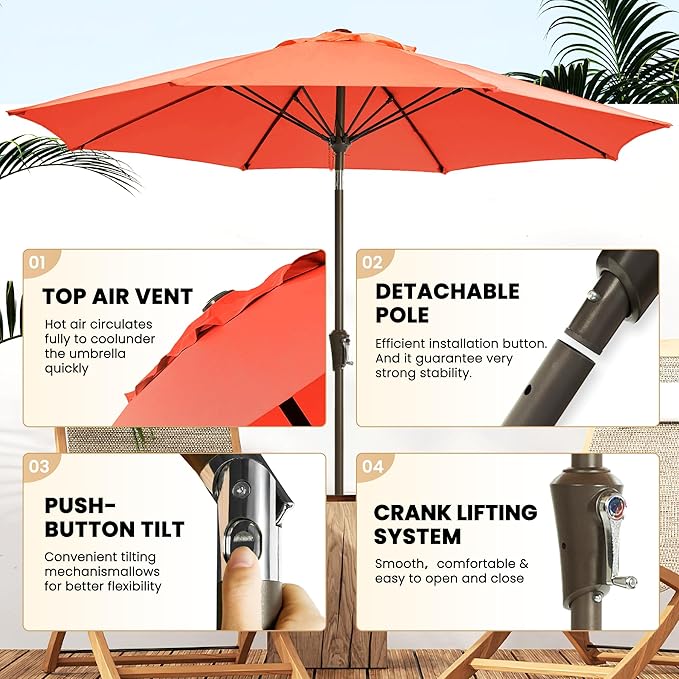 Ayge 9FT Large Outdoor Patio Umbrella Market Table Umbrella-UV Resistant, Easy Push Button Tilt and Crank, 8 Sturdy Fiberglass Ribs Heavy-Duty Pool Umbrella for Deck, Backyard,Garden,Orange
