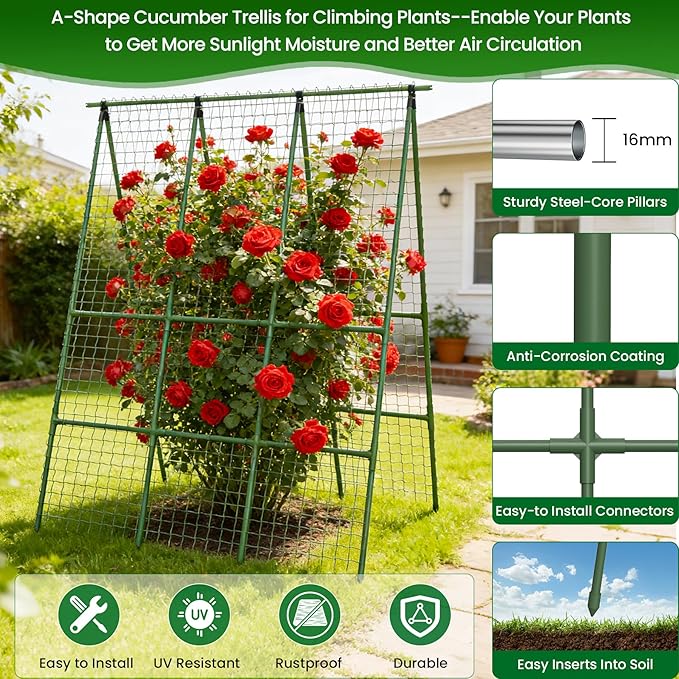 Cucumber Trellis for Raised Bed 48" L x 64" H, 16mm Heavy-Duty Metal A-Shape Arch Trellis, Outdoor Climbing Plant Support for Tomato Pea Zucchini Grape Flowers, Vertical Garden Vegetable Trellis