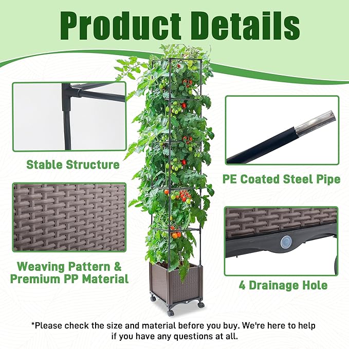 Raised Garden Bed with Tomato Planter Cage,50.4" Self Watering Tomato Planter with Plastic Coating Steel Pipe for Climbing Vine Flowers Outdoor, Tomatoes Cage with Trellis Wheels, 1Pack