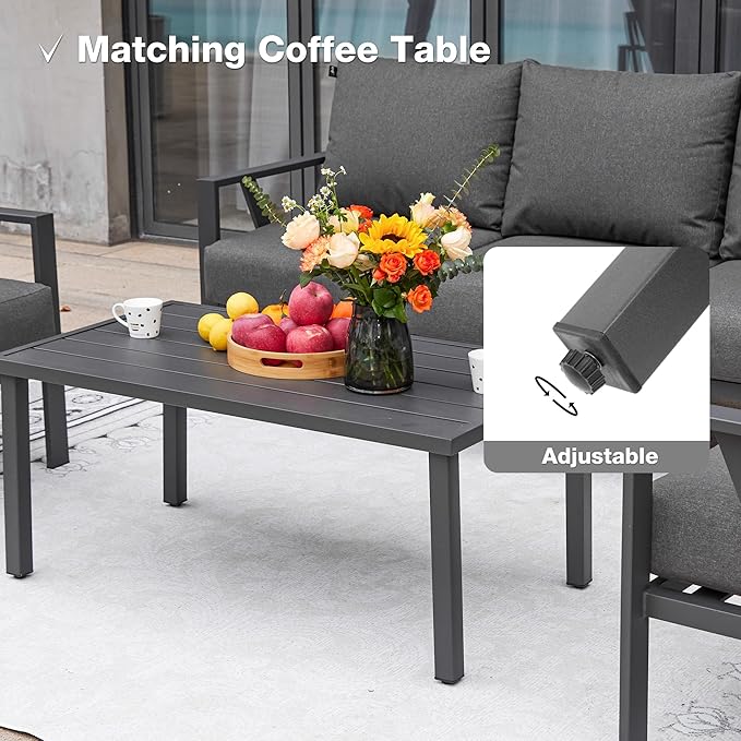 Outdoor Patio Furniture Set, 4 Pieces Metal Patio Furniture Set with Coffee Table, Modern Outdoor Conversation Seating with 6.5" Thick Cushions, Dark Grey