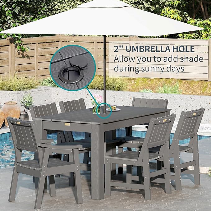 ZHUSI Patio Table and Chairs Set,HDPE Outdoor Dining Set with Umbrella Hole for Backyard, Poolside, Porch,All Weather,Grey