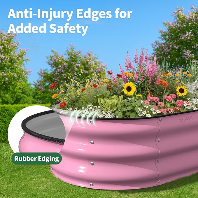 Kesfitt Raised Garden Bed, 4x2x1 FT Galvanized Steel Metal Raised Garden Bed, Oval Open-Bottom Design, 12-Inch Deep for Outdoor Vegetable & Herb Gardening, Blushing Pink