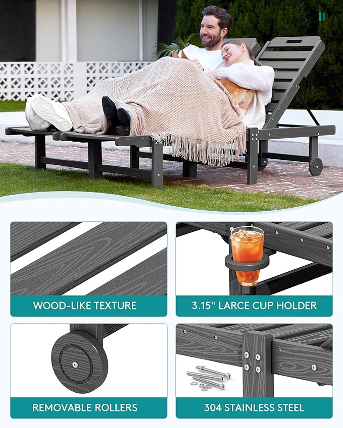 SERWALL Outdoor Chaise Lounge Set of 4, 78" Patio Lounge Chair with 5 Positions Adjustable Backrest, HDPE Lounger with Rolling Wheels & Cup Holder for Poolside, Beach, Garden, Grey