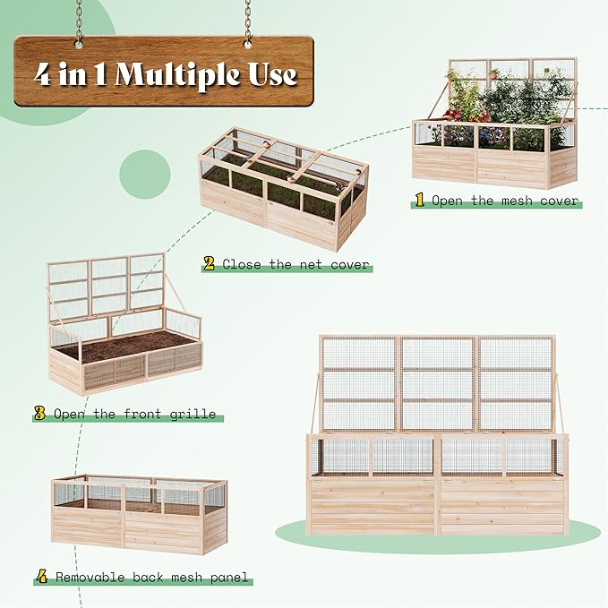 AMERLIFE Raised Garden Bed with Hinged Fencing and Trellis, 18 Inch Deepened Wood Planter Box, 2 PCS Flip-up Front Panel, Easy Assembly, Ideal for Seed Starting and Growing Vegetables & Fruits