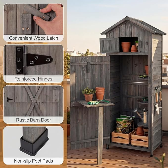 Goplus All-in-One Storage Shed, 70" Tall Wooden Lockable Cabinet w/Foldable Work Table, Vertical Utility Tool Organizer w/Shelves & Hooks, Waterproof Garden Shed for Patio Backyard (Gray)