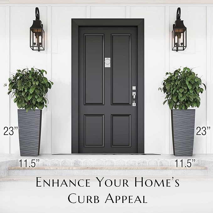 Mueller Janska M-Resin Heavy Duty Tall Planter, Indoor/Outdoor Grande Plant, Tree, Flower Pot, 2-Piece Set, 24”, Modern Design, Built-in Drainage, Dark Gray