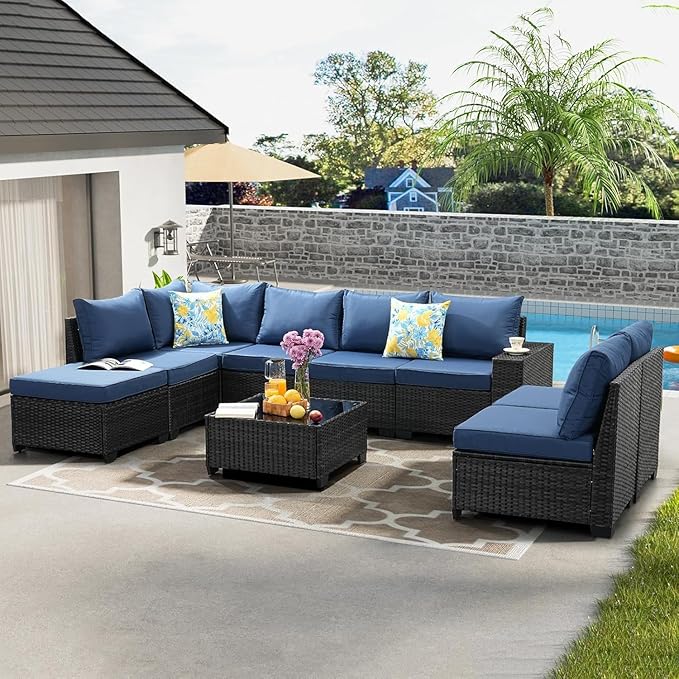 Jing's Villa 9-Piece Patio Furniture Set, All-Weather Outdoor Wicker Sectional Sofa with Cushions, Tempered Glass Table & Ottoman, Rattan Conversation Seating for Porch, Garden, Backyard,Navy