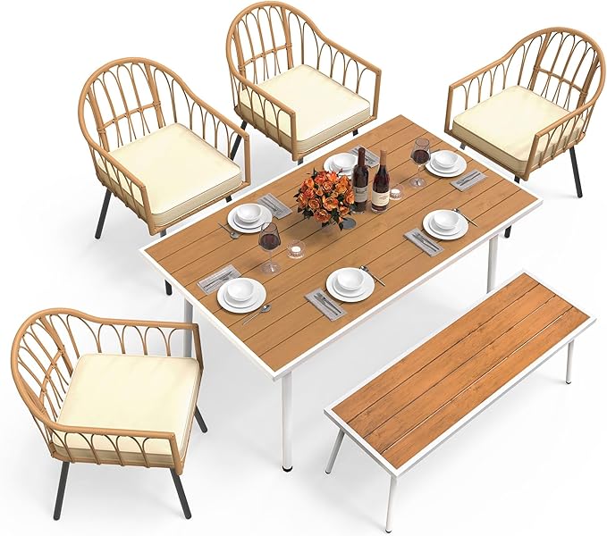DWVO Patio Table Rectangle 59"x34.2", Patio Dining Table for 6 Weather-Resistant Outdoor Table with Umbrella Hole, Steel Frame, Adjustable Feet for Outdoor/Indoor