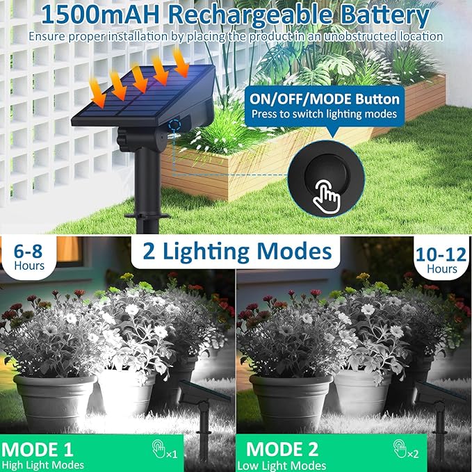 T-SUNUS Christmas Solar Spotlights White 6000K IP65 Waterproof 2-in-1 Outdoor Landscape Spot Lights Garden Light for Flag Tree Yard Driveway Porch Walkway Patio Statue Graveyard Halloween 4 Pack