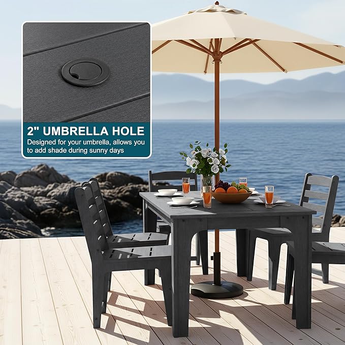 HDPE Patio Dining Set for 6, Weather-Resistant Outdoor Table with Umbrella Hole, Never Sagging One-Piece Tabletop with Metal Support Bars for Poolside Backyard Garden (Black)