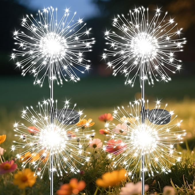 Garden Outdoor Lights, 4 Pack 120 LED Solar Garden Lights Fairy Lights Outdoor Waterproof Decorative Solar Firework Lights for Yard Patio Pathway Flowerbed Party Wedding Decor, White