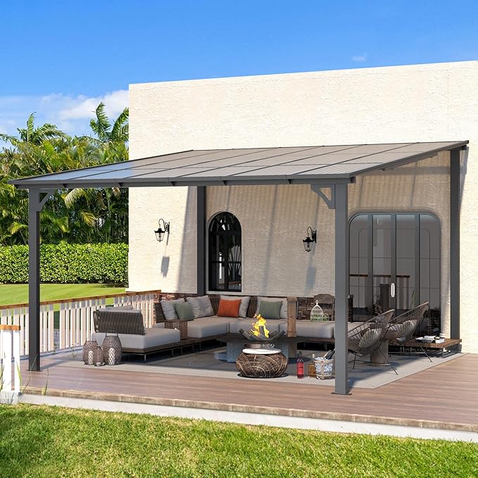 AECOJOY 12' x 12' Gazebo Outdoor Pergola for Patio, Large Wall-Mounted Hard Top Lean to Metal Gazebo Shelter Pergolas and Gazebos Clearance with Patio Roof, Heavy Duty Awnings for Backyard, Decks
