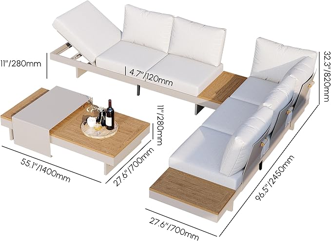 homary 6 Piece Aluminum & Teak Outdoor Sofa Set, Patio Sofa Seat L-Shaped Outdoor Sectional Sofa Set with Adjustable Backrests/Waterproof/Fade Resistant Cushions Ideal for Patios/Balconies,Light Gray