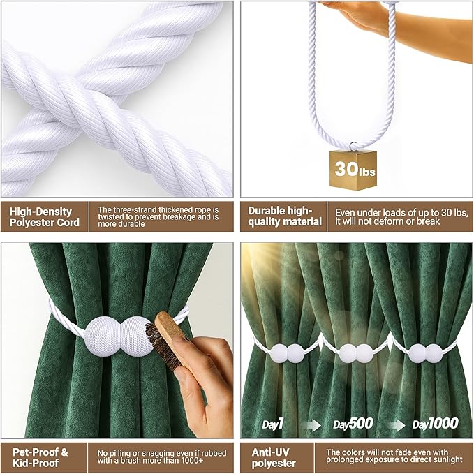 Hion Magnetic Curtain Tiebacks White 4 Pack, Curtain Tiebacks Buckles Holdbacks Holders Hooks Clip for Home Bedroom Office Decorative Thick or Thin Curtain