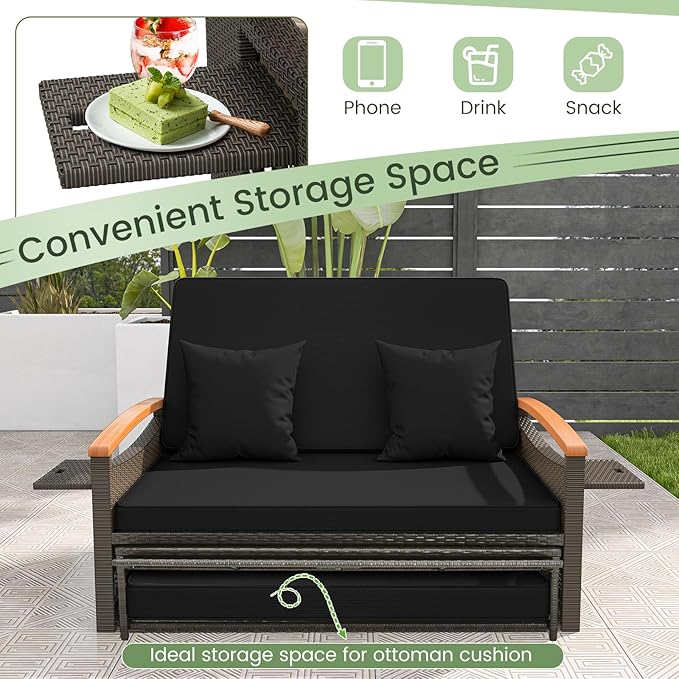 Tangkula Patio Rattan Daybed with 4-Level Adjustable Backrest, Outdoor Wicker Loveseat with Acacia Wood Armrest, Storage Ottoman & Folding Tray, Double Sunbed for Balcony, Backyard & Poolside (Black)