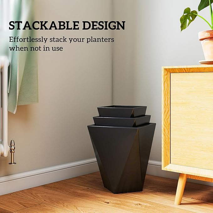 Outsunny Set of 3 Tall Planters, 18", 15.25", 11.75", MgO Indoor Outdoor Planters with Drainage Holes, Stackable Flower Pots for Garden, Patio, Balcony, Front Door, Black