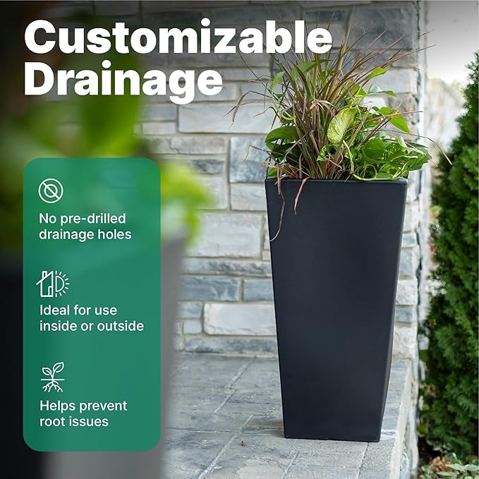 Step2 Tremont Tall Square Tapered Planter, 28", Indoor/Outdoor Plants, Efficient Drainage, Durable Resin, Onyx Black