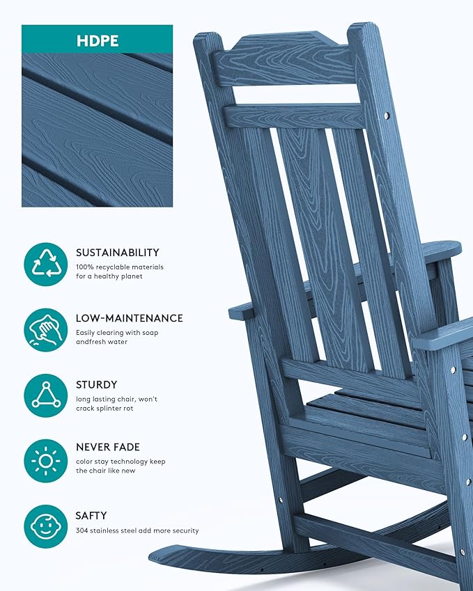 SERWALL Outdoor Rocking Chair Blue Set of 8, All Weather Patio Rocking Chair, HDPE Poly Rocking Chair for Adults, Heavy Duty Front Porch Rocker