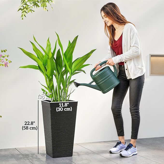 Outsunny 22.8 Inch Tall Planters for Outdoor Plants, Set of 3 Plastic Flower Pots with Stone Finish and Wheels, Stackable Tapered Planters with Drainage Hole for Indoor Plants, Front Porch, Black