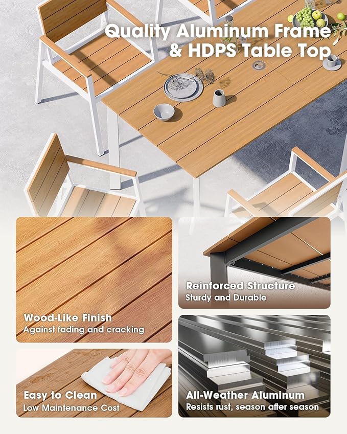 Outdoor Patio Dining Set for 6, Aluminum 7 Piece HDPS Patio Table and Chairs Set with Umbrella Hole, Modern Patio Furniture Set, Patio Dining Table & 6 Chairs (White & Teak)
