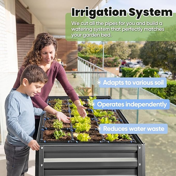 KING BIRD Raised Garden Bed with Irrigation System and Legs Galvanized Elevated Planter Box 48×24×31.5 in for Backyard, Patio, Balcony, 400lb Capacity, Dark Grey