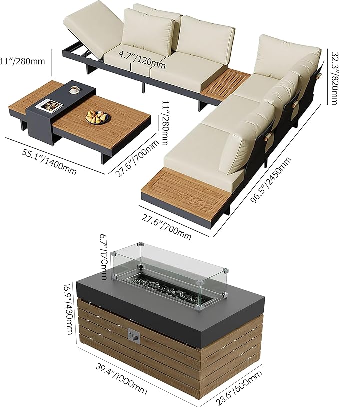 homary Patio Conversation Sets with Fire Pit-Modular Outdoor Sofa Aluminum & Teak Outdoor Sofa Se with Glass Wind Guard Ideal for Patios & Balconies, 6 Pepole, Beige